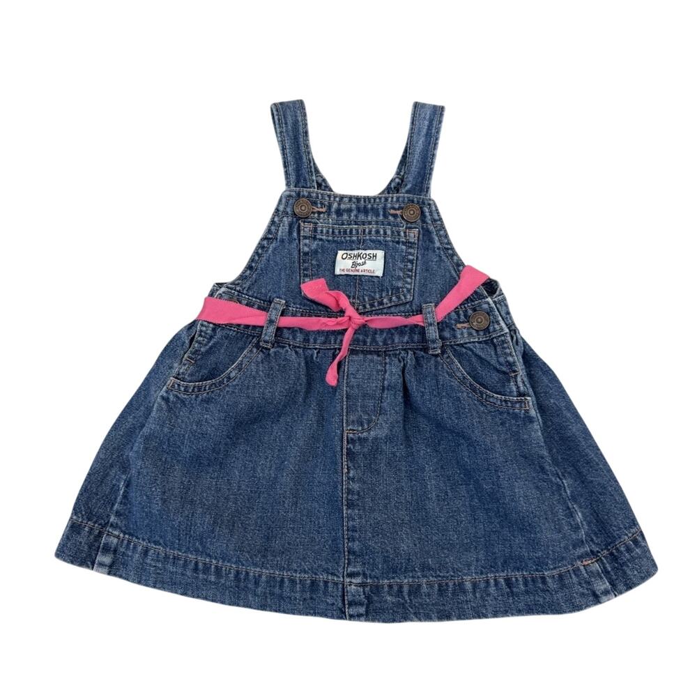 OshKosh B'gosh Baby Toddler Denim Bib Dress Pink Belt Vestbak Girls 12 Months
